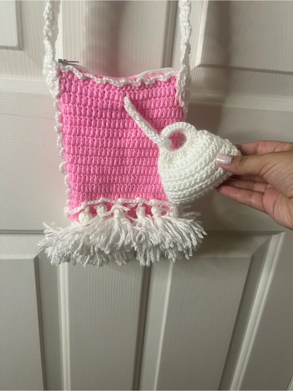 Handmade Pink & White Crochet Kids Crossbody Bag
